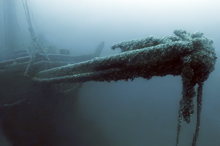 The bowsprit of the Ironton is seen in Lake Huron off Michigan's east coast in a June 2021 photo.