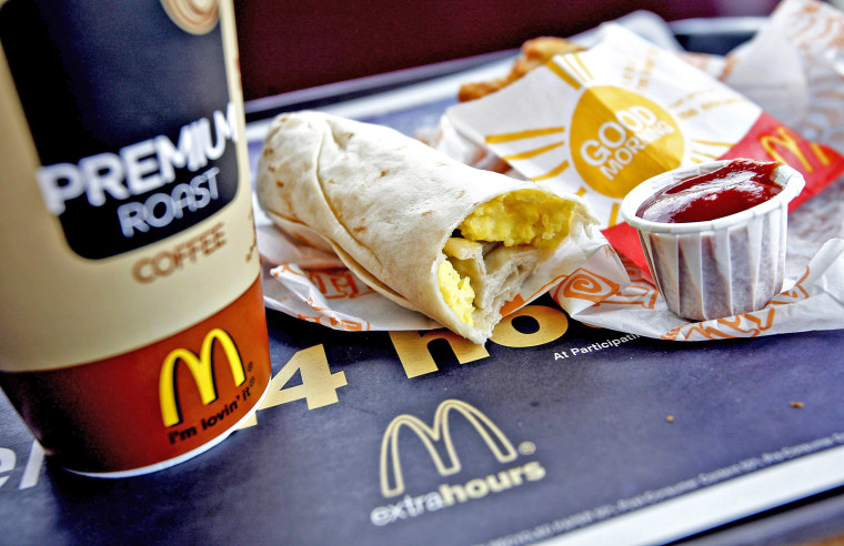 McDonald's Premium Roast coffee, sausage breakfast burrito and hash browns.