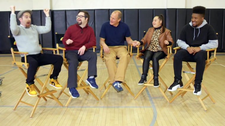 Woody Harrelson (center) and members of the cast of the comedy "Champions" talked about the new movie on TODAY (from left: Casey Metcalfe, Kevin Iannucci, Madison Tevlin and Joshua Felder).