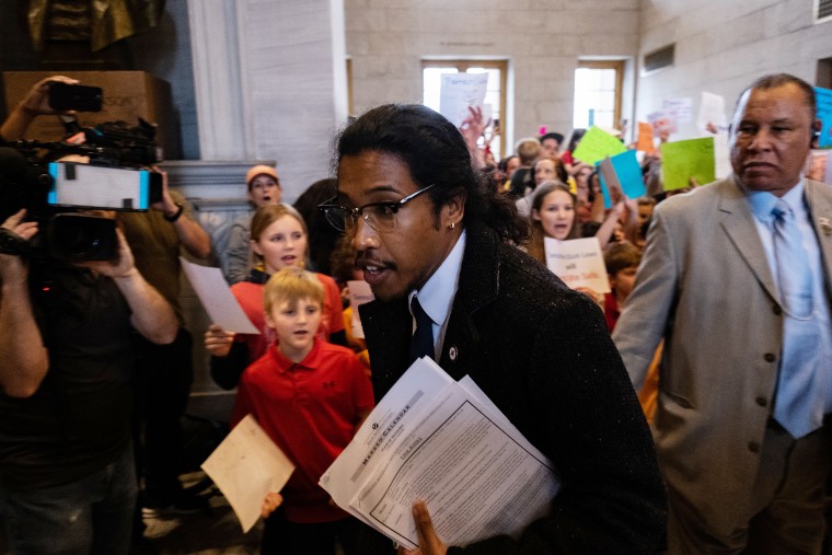 Democratic state Rep. Justin Jones enters the house chamber ahead of session as protesters demand action for gun reform laws the Tennessee State Capitol in Nashville