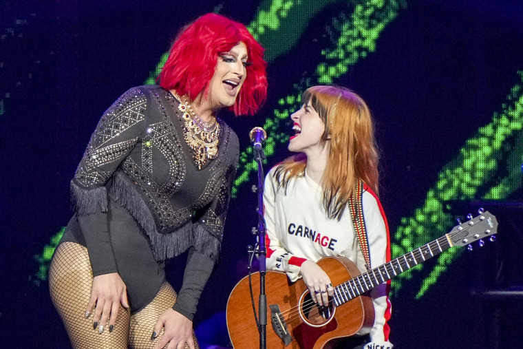 Hayley Williams and a Nashville Drag Queen performs at "Love Rising," a benefit concert for the Tennessee Equality Project, Inclusion Tennessee, OUTMemphis and The Tennessee Pride Chamber, on Monday, March 20, 2023, at the Bridgestone Arena in Nashville, Tenn.