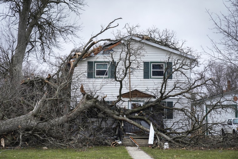 A house is damaged by downed trees during a tornado in Belvidere, Illinois.