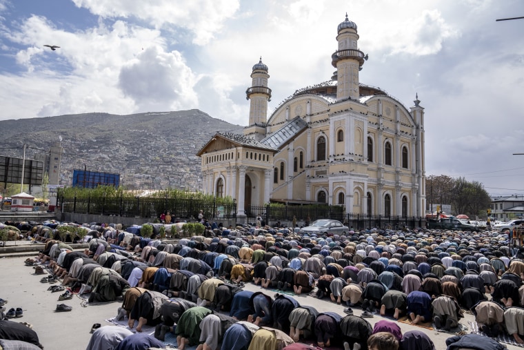 People kneel in prayer during Ramadan in Kabul, Afghanistan