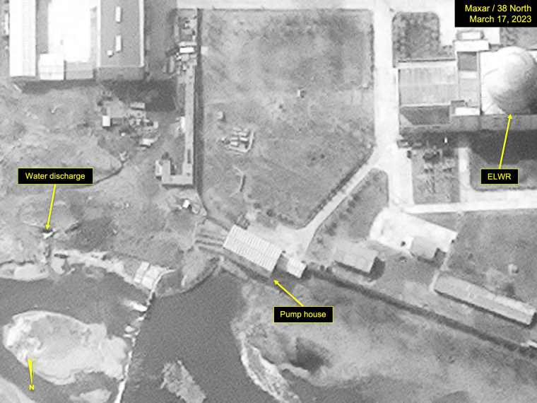 Water discharge observed south of ELWR pump house in this satellite image on March 17, 2023, analyzed by 38 North.