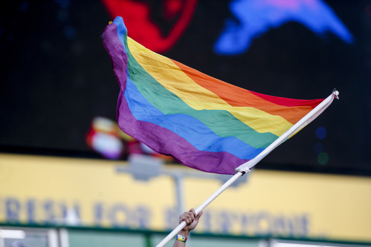 A pride flag at a soccer match in Nashville, Tenn., on June 26, 2021.