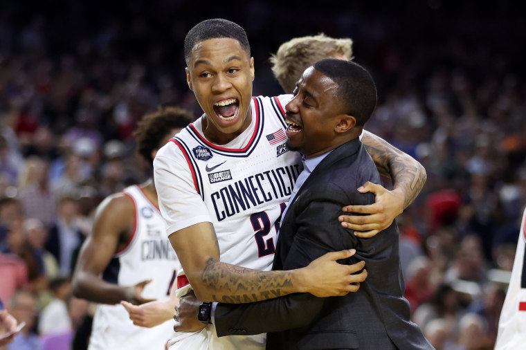 HOUSTON, TEXAS - APRIL 03: Jordan Hawkins #24 of the Connecticut Huskies reacts during the second half against the San Diego State Aztecs during the NCAA Men's Basketball Tournament National Championship game at NRG Stadium on April 03, 2023 in Houston, Texas.