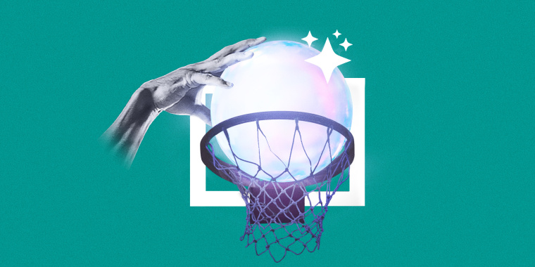 Photo collage of a hand dunking a crystal ball into a basketball hoop.