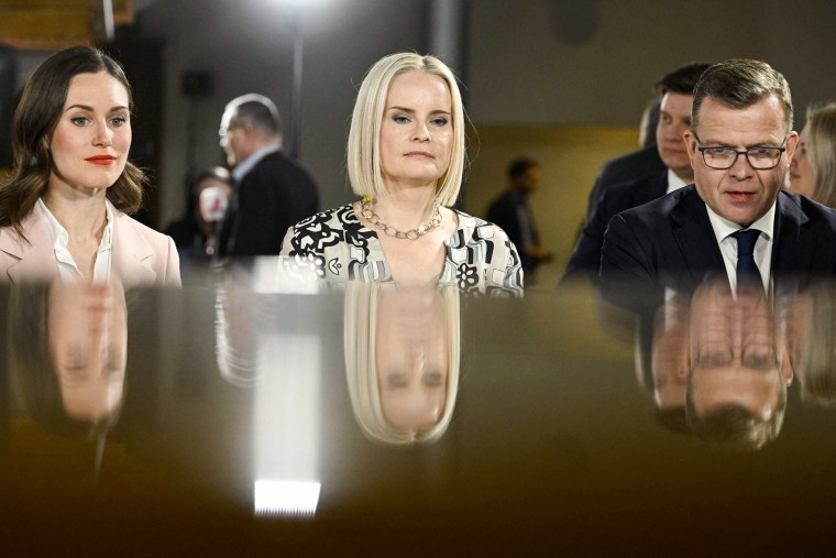 Social Democratic Party SDP chair and Finnish Prime Minister Sanna Marin, left, The Finns Party chair Riikka Purra and National Coalition Party chair Petteri Orpo at an election event following the Finnish parliamentary elections, on April 2, 2023, in Helsinki.