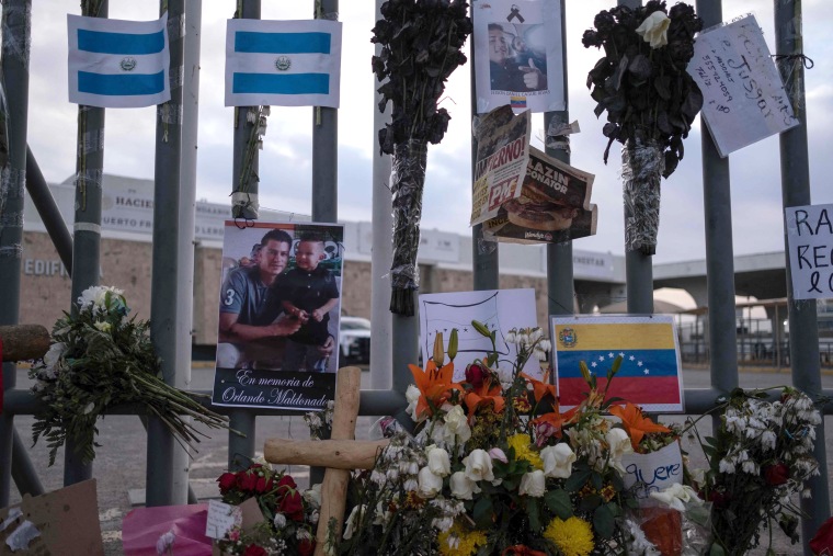 A memorial outside the immigration detention center where migrants died in a fire in Ciudad Juarez, Mexico.