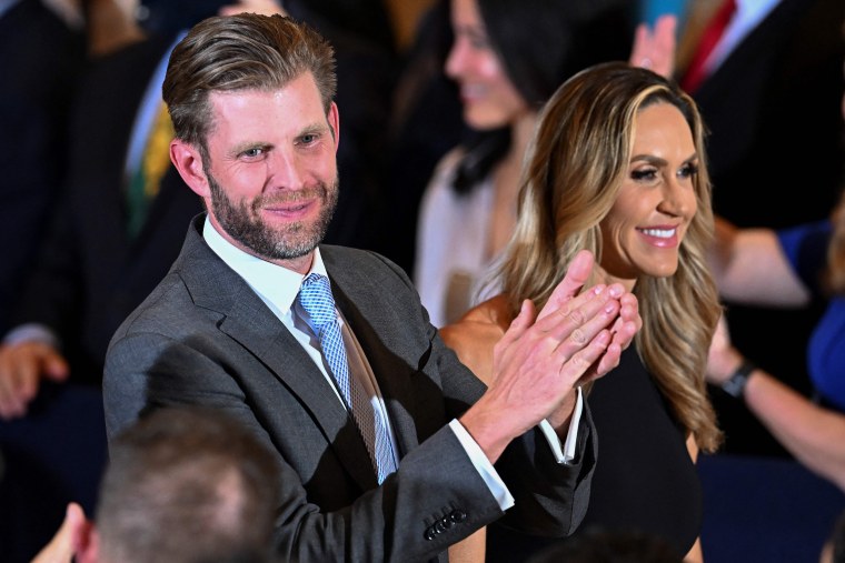 Eric Trump, son of former US President Donald Trump, and his wife Lara Trump attend former US president Donald Trump's press conference following his court appearance over an alleged 'hush-money' payment, at his Mar-a-Lago estate in Palm Beach, Florida, on April 4, 2023.