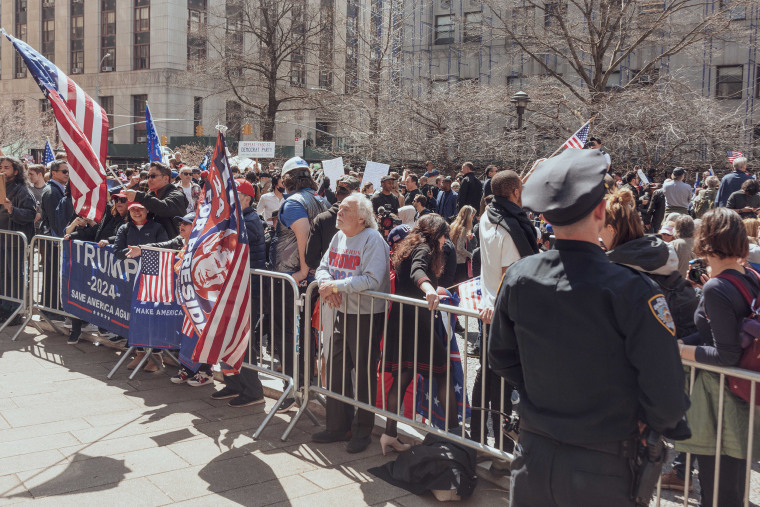 Supporters of former US President Donald Trump during a rally outside criminal court in New York, on April 4, 2023.