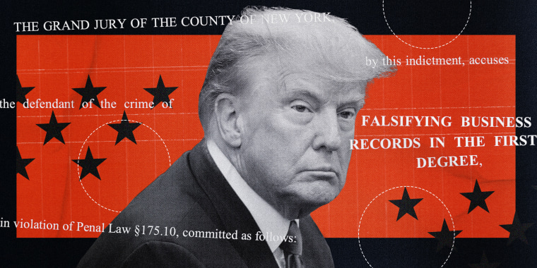 Photo Illustration: Donald Trump and lines of texts pulled from his indictment