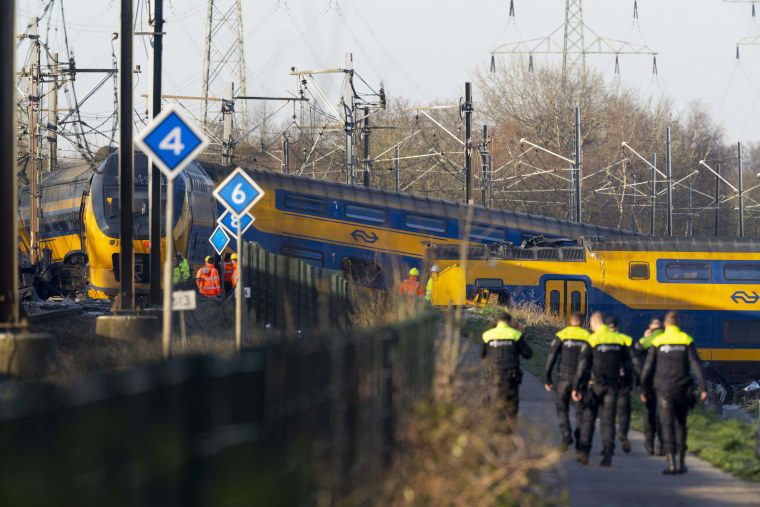 Train derailment in Voorschoten, near The Hague, Tuesday April 4, 2023, sending at least one carriage into a field next to the tracks. 