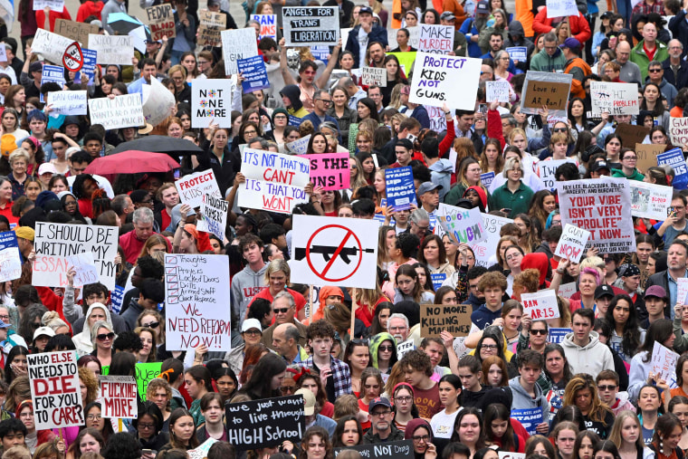 Demonstrators protest for stricter gun laws at the Tennessee Capitol  in Nashville on April 3, 2023. 