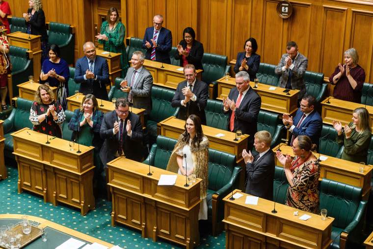 TOPSHOT - Outgoing New Zealand prime minister Jacinda Ardern gives her valedictory speech in parliament in Wellington on April 5, 2023. (Photo by Mark Coote / AFP) (Photo by MARK COOTE/AFP via Getty Images)