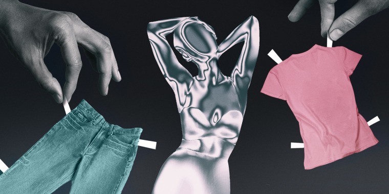 Photo composition of a metallic model surrounded by oversized hands holding up paper cutout jeans and a T-shirt.