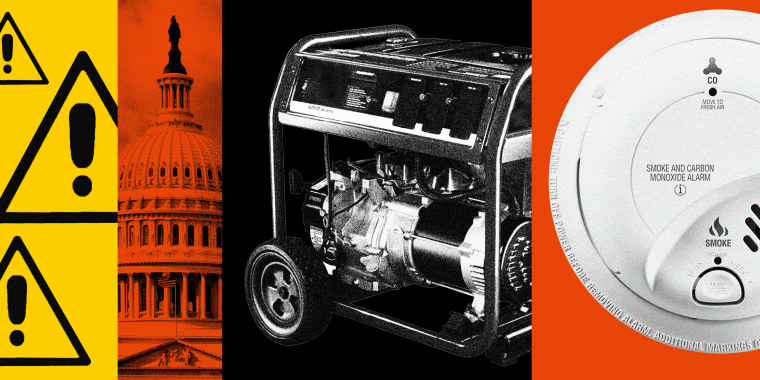 Photo illustration of warning signs, the Capitol in Washington, a portable generator, and a carbon monoxide detector and alarm.