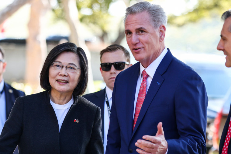 Speaker of the House Kevin McCarthy, R-Calif., greets Taiwanese President Tsai Ing-wen on arrival at the Ronald Reagan Presidential Library on April 5, 2023, in Simi Valley, Calif.
