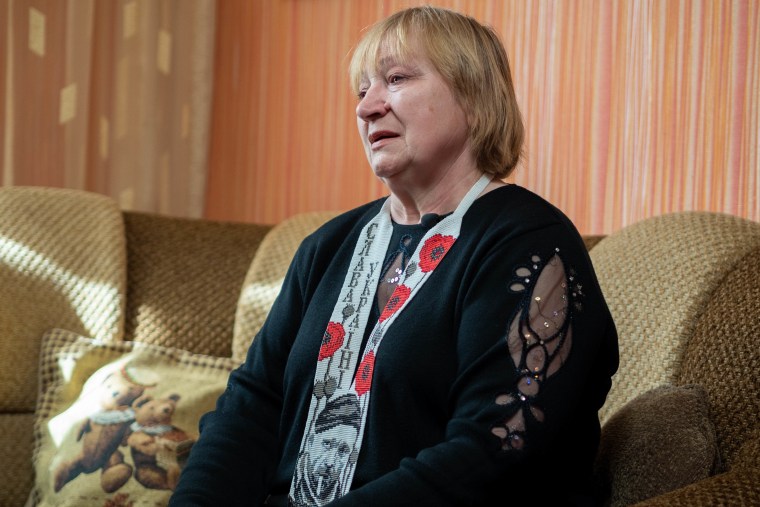 Paraska Demchuk, 67, tears up as she talks about her son, Oleksander Matsievsky, who was killed in action near Bakhmut on Dec 30 according to Ukraine's security services.