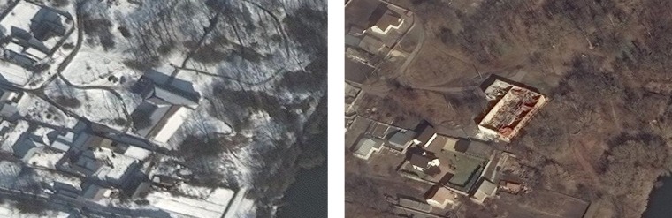 Satellite imagery shows the Ivankiv Historical and Local History Museum before, left, and after it was damaged by Russian shelling.