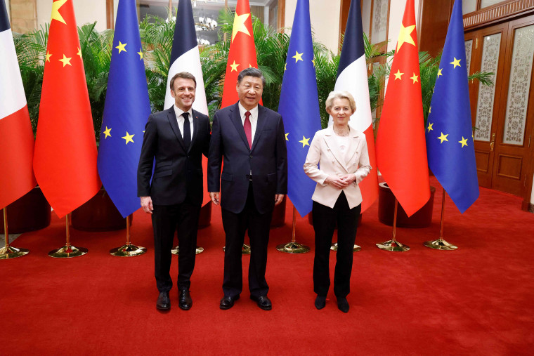 Chinas President Xi Jinping (C), his French counterpart Emmanuel Macron (L) and European Commission President Ursula von de Leyen meet in Beijing on April 6, 2023.