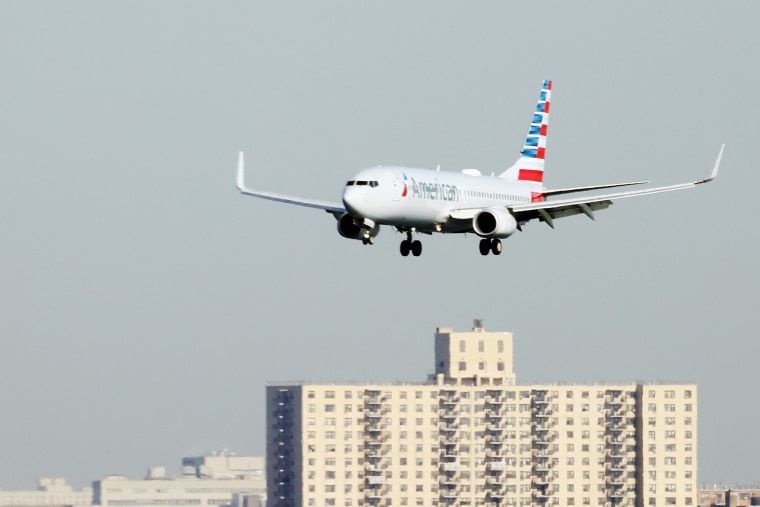 An American Airlines jet lands at Laguardia AIrport on Nov. 10, 2022 in New York City.