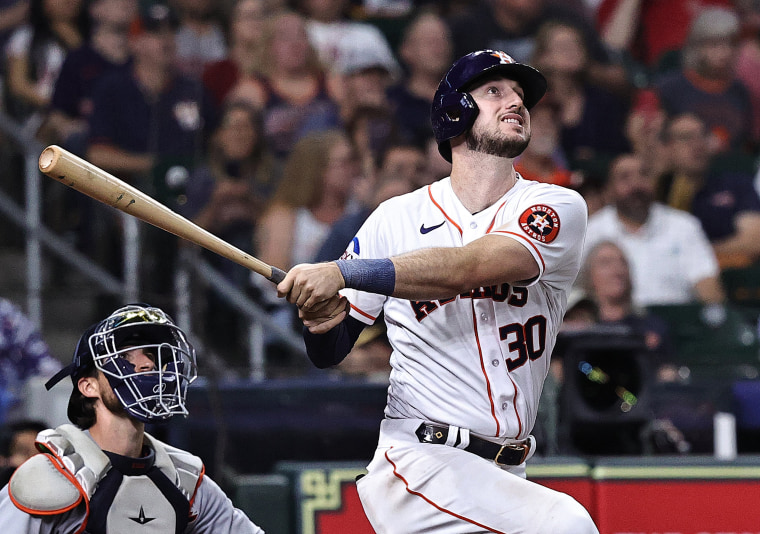 Kyle Tucker of the Houston Astros hits a home run against the Detroit Tigers on April 5, 2023 in Houston.