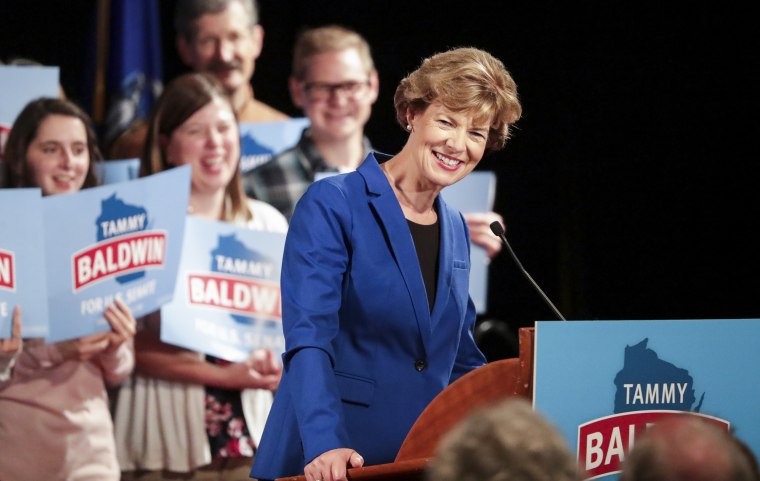 Sen. Tammy Baldwin, D-Wis., celebrates her re-election victory in Madison on Nov. 6, 2018.
