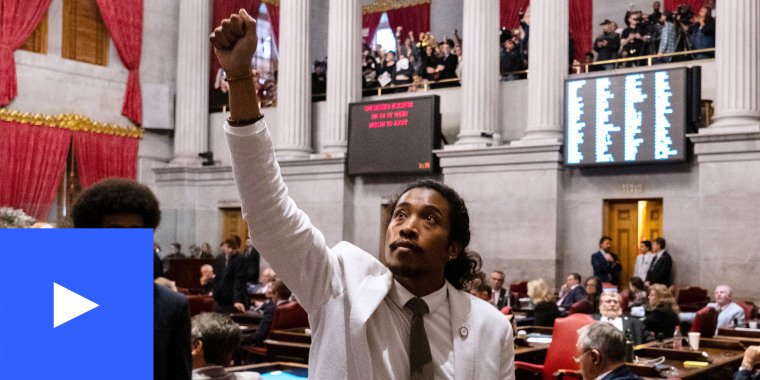 Democratic state Rep. Justin Jones of Nashville gestures during a vote on his expulsion from the state legislature on April 6, 2023 in Nashville, Tennessee. He was expelled after he and two other Democratic reps led a protest at the Tennessee State Capital building in the wake of a mass shooting where three students and three adults were killed on March 27 at the Covenant School in Nashville. 