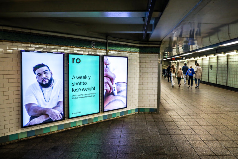 An ad for Wegovy from the online health startup Ro, in the Times Square subway in New York on April 5, 2023.