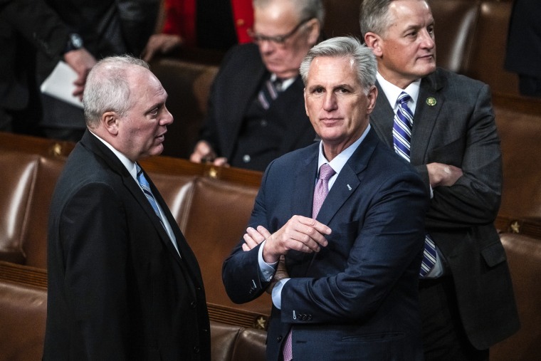 Republican Leader Kevin McCarthy, R-Calif., right, and Whip Steve Scalise, R-La., on the House floor on Jan. 6, 2023.