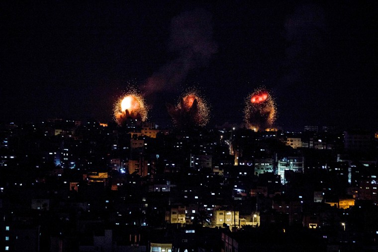 Explosions in Khan Yunis in the southern Gaza Strip during Israeli air strikes on the Palestinian enclave