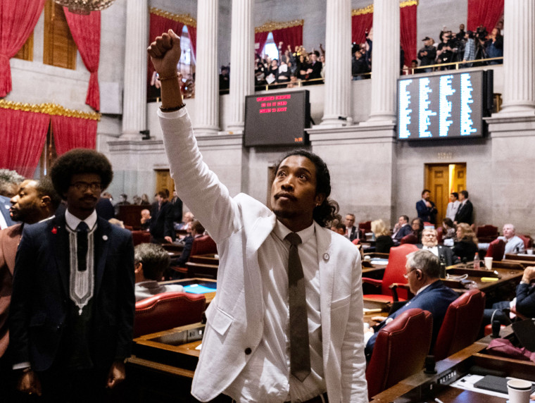 Rep. Justin Jones raises a fist during his expulsion vote in the Tennessee state legislature