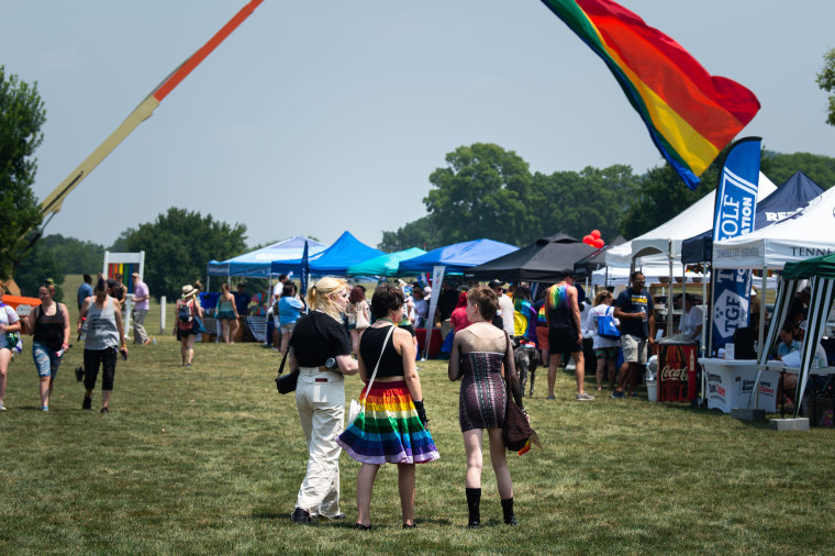 People walk among vendor stands at the Williamson County Pride Festival