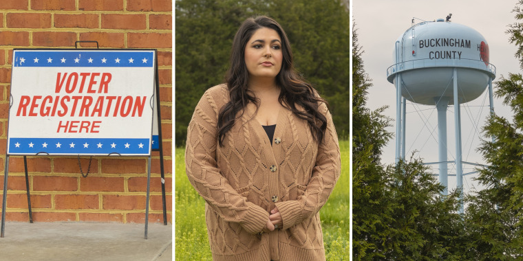 A triptych showing a "Voter Registration Here" sign, a portrait of former registrar Lindsey Taylor and a Buckingham County water tower.
