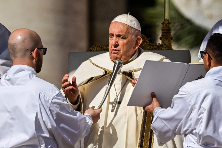 Pope Francis leads the Easter Sunday mass on April 9, 2023, at St. Peter's square in The Vatican.