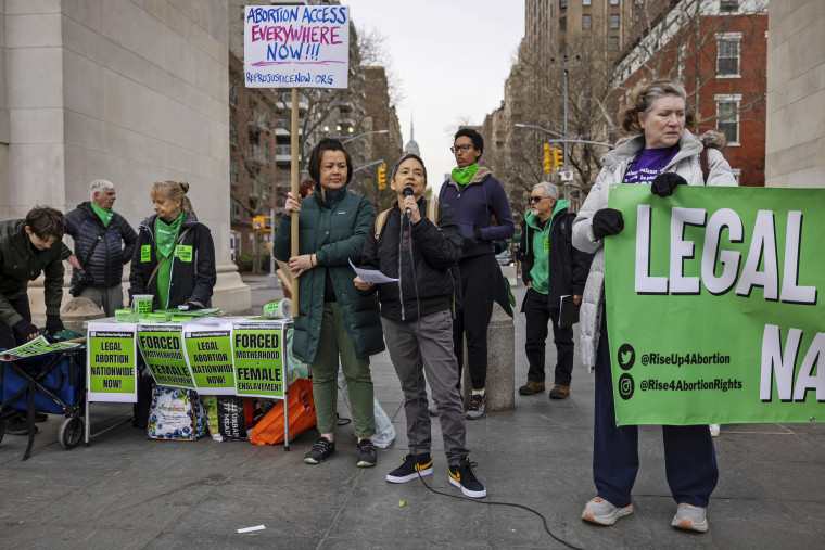 Abortion rights activist protest in New York on April 8, 2023, after a federal judge in Texas issued a preliminary ruling invalidating the abortion pill mifepristone. 