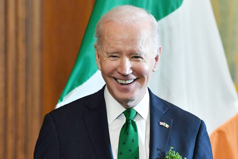 (FILES) In this file photo taken on March 17, 2022, US President Joe Biden speaks during the annual St. Patrick's Day luncheon on Capitol Hill in Washington, DC. - When a British journalist once asked Joe Biden for an interview, the US president responded with a joke.
"The BBC? I'm Irish," Biden said, smiling, as he walked past the reporter, in an undated video that went viral on social media. (Photo by Nicholas Kamm / AFP) (Photo by NICHOLAS KAMM/AFP via Getty Images)