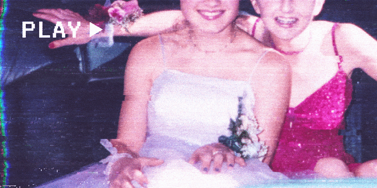 Photo Illustration: A vintage prom photo with a VHS camcorder effect