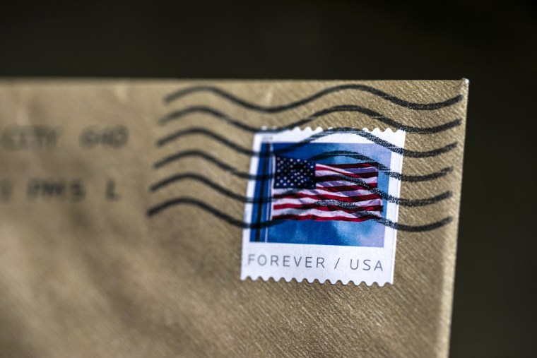 A stamp is shown on an envelope on May 28, 2021, in Washington.