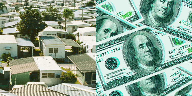 Photo Illustration: An aerial photo of a trailer park and a photo of hundred dollar bills