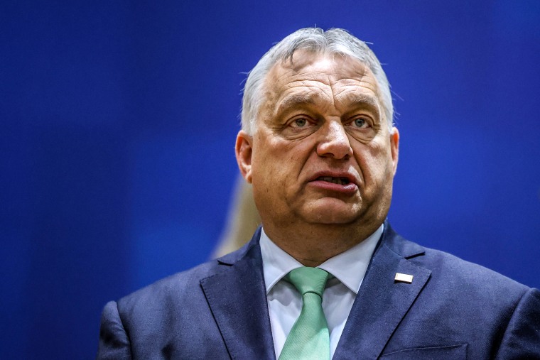 Viktor Orban, Ungerns premiärminister, under EU-ledarnas toppmöte i Europeiska rådets högkvarter i Bryssel den 23 mars 2023.