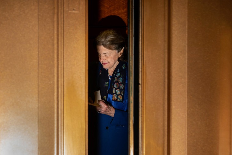 Sen. Dianne Feinstein, D-Calif., leaves the Senate Chamber following a vote at the Capitol on Feb. 14, 2023.