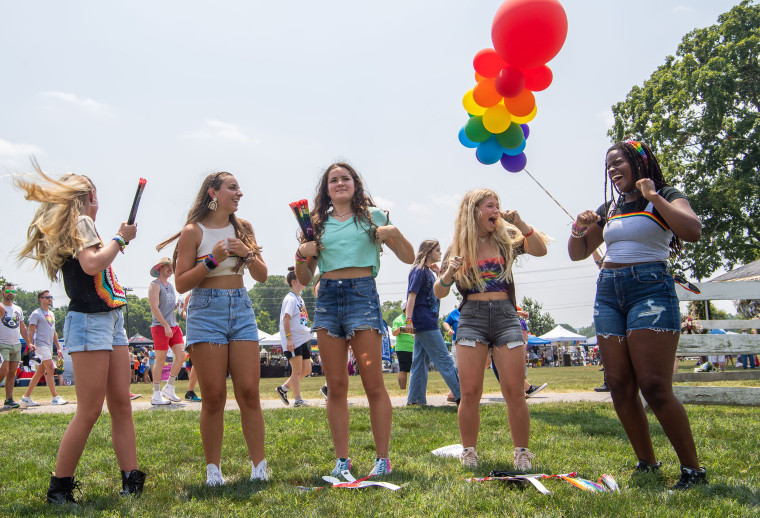 Participants dance during the Williamson County's first-ever Pride festival in Franklin, Tenn., on July 31, 2021.