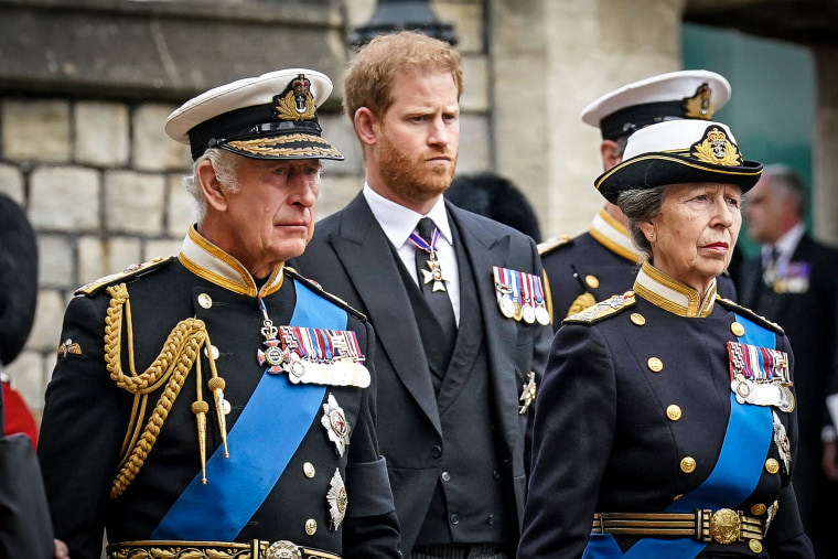 King Charles III, Prince Harry, Duke of Sussex and Princess Anne, Princess Royal at Windsor Castle on Sept.
/p
p19, 2022 in Windsor, England.