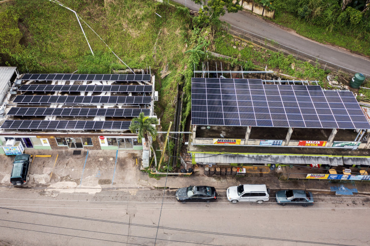 Solar panels on the roof of businesses in Castaner, Puerto Rico, Nov. 14, 2022.