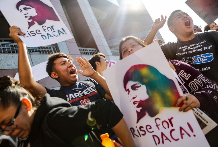 Students and supporters rally in support of DACA recipients on Nov. 12, 2019 in Los Angeles.