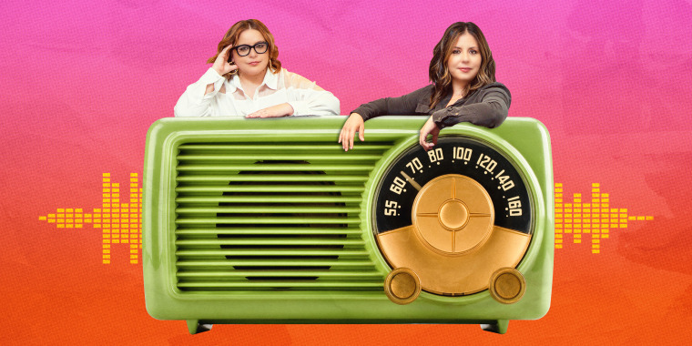 Photo illustration: Jess Morales Rocketto and Stephanie Valencia lean on a vintage radio with sound waves behind them.