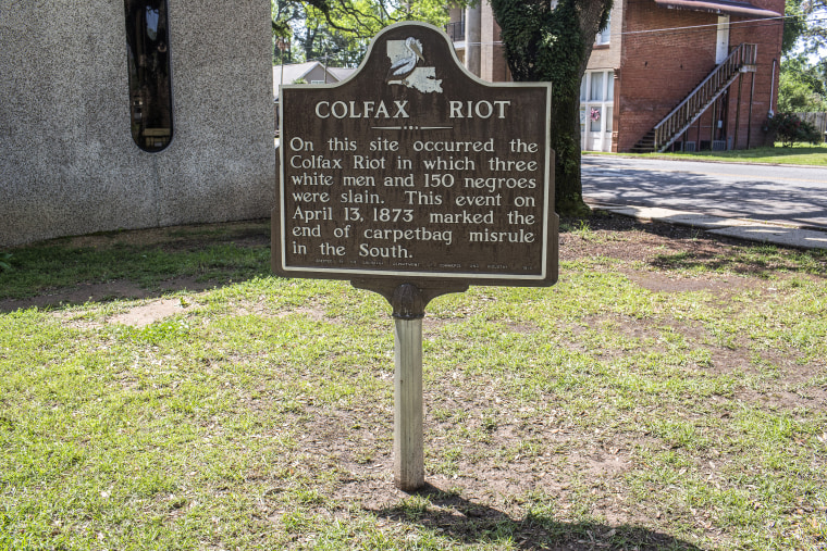 A sign marking the Colfax Riot in Colfax, La., in 2021.