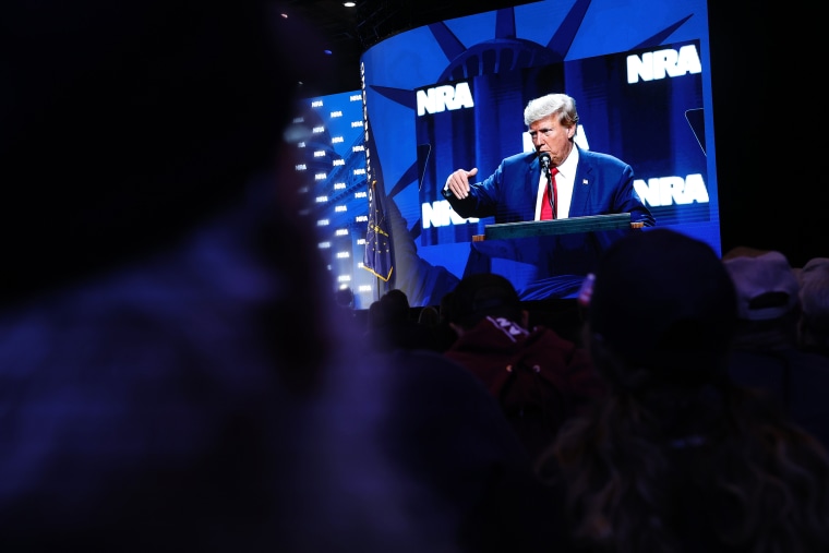 14: Former President Donald Trump at the 2023 NRA-ILA Leadership Forum in Indianapolis on April 14, 2023.